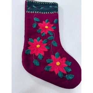 "Velvet" Poinsettia Stocking, Embroidered, Ribbons,Green,Red,Burgundy, Christmas
